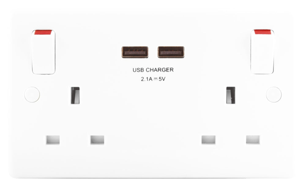 2 Gang 13a Switched Socket With Outboard Rockers + 2 x USB (2.1A)