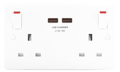 2 Gang 13a Switched Socket With Outboard Rockers + 2 x USB (2.1A)