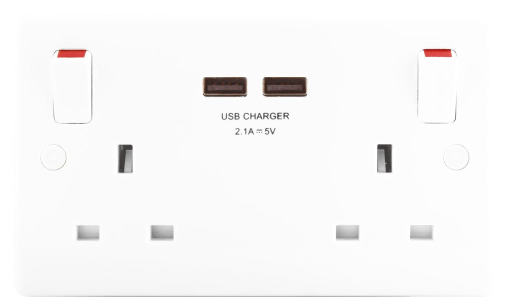 2 Gang 13a Switched Socket With Outboard Rockers + 2 x USB (2.1A)