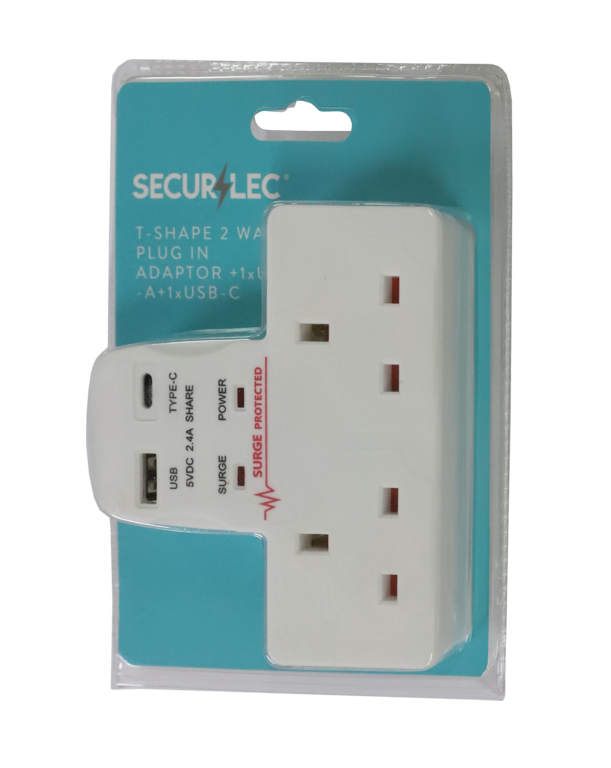 T-Shape 2 Way Plug-In Adaptor 1 x USB-A, 1 x USB-C