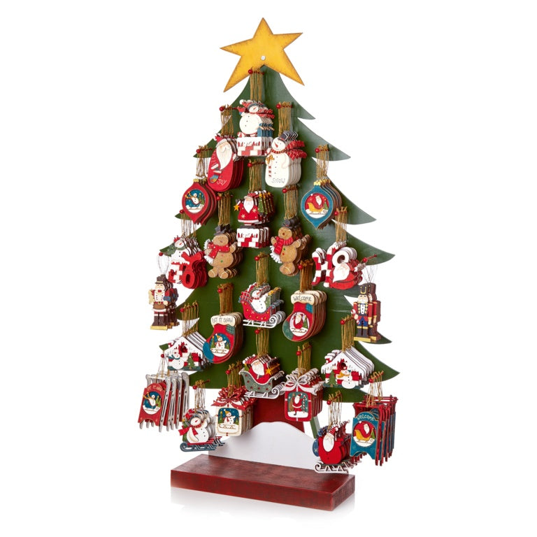 Assorted Tree Trim On Wooden Display Unit