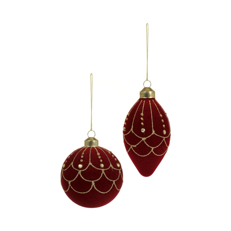 Burgundy Flock Glass Bauble  With Gold Design