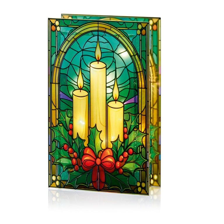 Battery Operated Lit Candles & Holly Glass Table Top 50 Warm White LEDs