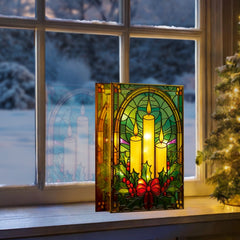 Battery Operated Lit Candles & Holly Glass Table Top 50 Warm White LEDs