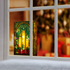 Battery Operated Lit Candles & Holly Glass Table Top 50 Warm White LEDs