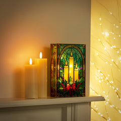Battery Operated Lit Candles & Holly Glass Table Top 50 Warm White LEDs