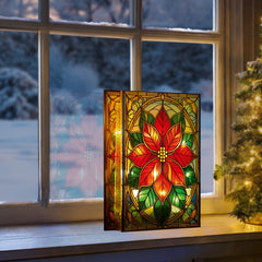 Battery Operated Lit Poinsettia Glass Table Top 50 Warm White LEDs
