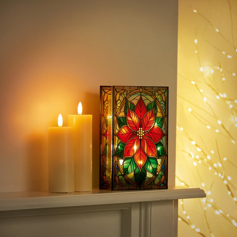 Battery Operated Lit Poinsettia Glass Table Top 50 Warm White LEDs