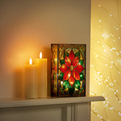 Battery Operated Lit Poinsettia Glass Table Top 50 Warm White LEDs