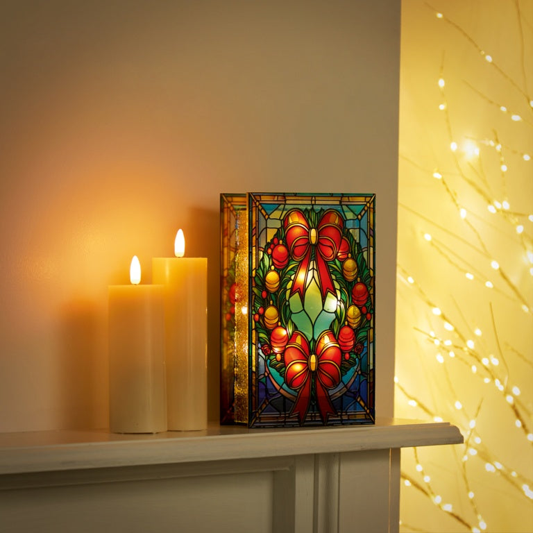 Battery Operated Lit Wreath Glass Table Top 50 Warm White LEDs