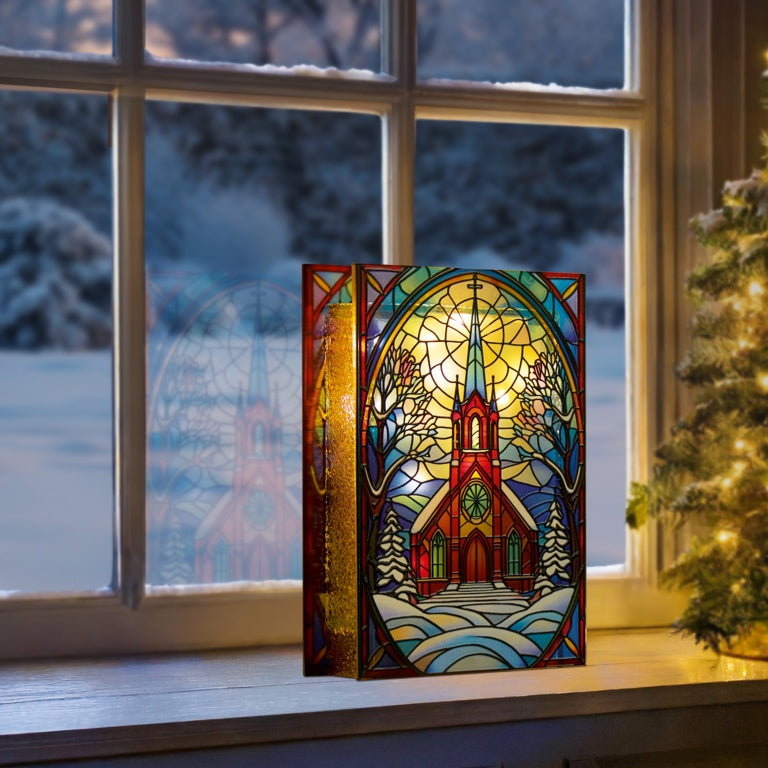 Battery Operated Lit Village Church Glass Table Top 50 Warm White LEDs
