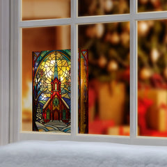 Battery Operated Lit Village Church Glass Table Top 50 Warm White LEDs