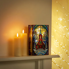 Battery Operated Lit Village Church Glass Table Top 50 Warm White LEDs