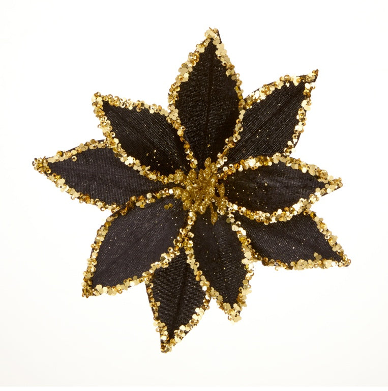 Black Poinsettia With Gold Beading & Sequins Clip On