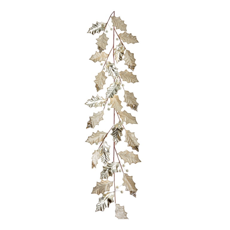 Champagne Gold Holly Leaves With Glitter Edge Garland