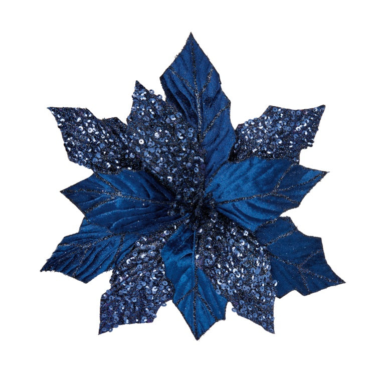 Blue Poinsettia With Glitter Clip On