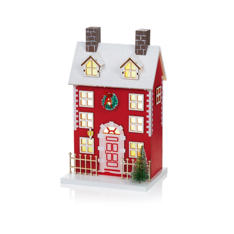 Battery Operated Lit Red House With Tree Scene