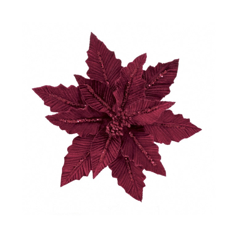 Burgndy Velvet Poinsettia With Glitter Clip On
