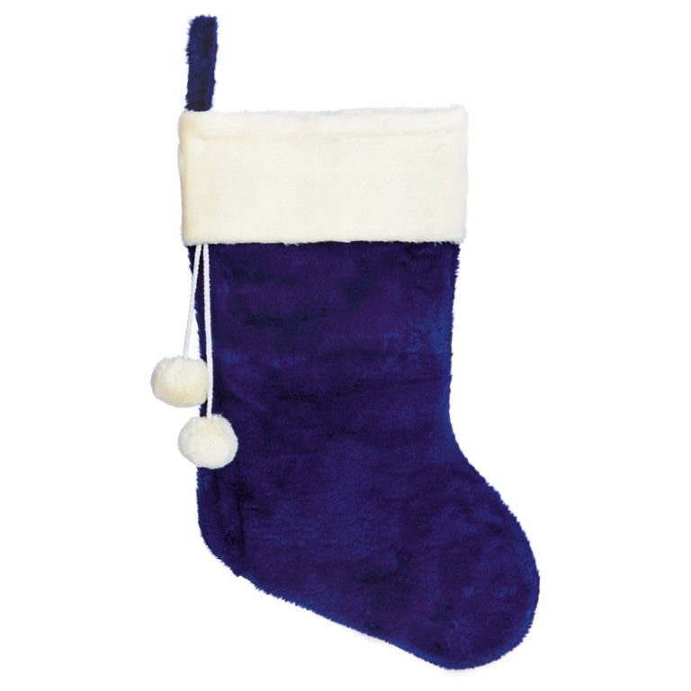 Blue Stocking With White Faux Fur Trim & Pom Poms