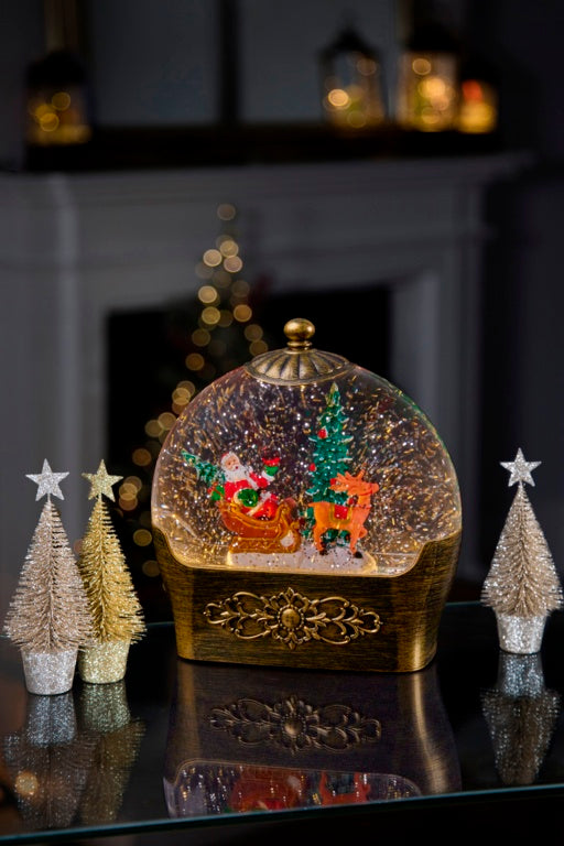 Battery Operated Lit Antique Gold Round Santa Sleigh Water Spinner