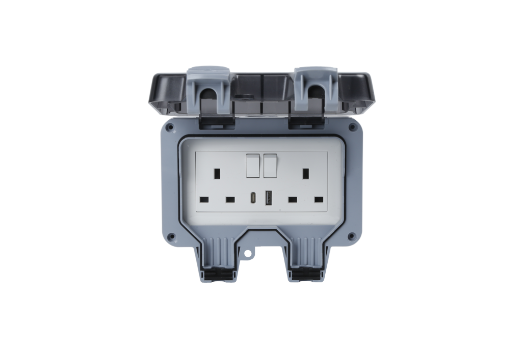 Double Outdoor Weatherproof 2 Gang Switched Socket With USB-A & USB-C